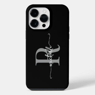Black Grey Modern Stylish Script Monogram Initial iPhone 14 Pro Max Case