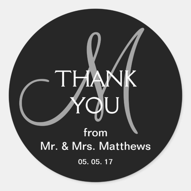 Black Grey Modern Wedding Thank You Sticker (Front)