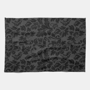 Black & Grey Monochromatic Vintage Floral Damasks Tea Towel