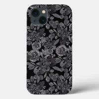 Black Grey Monochrome Watercolor Floral Leaves