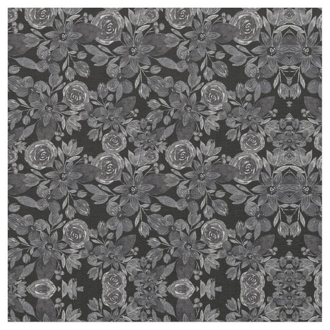 Black Grey Monochrome Watercolor Floral Leaves Fabric (Close Up)