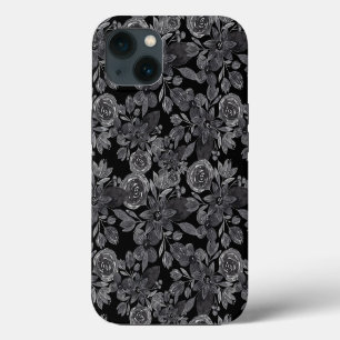 Black Grey Monochrome Watercolor Floral Leaves iPhone 13 Case