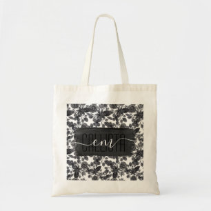 Black Grey Monochrome Watercolor Flower Leaves Tote Bag