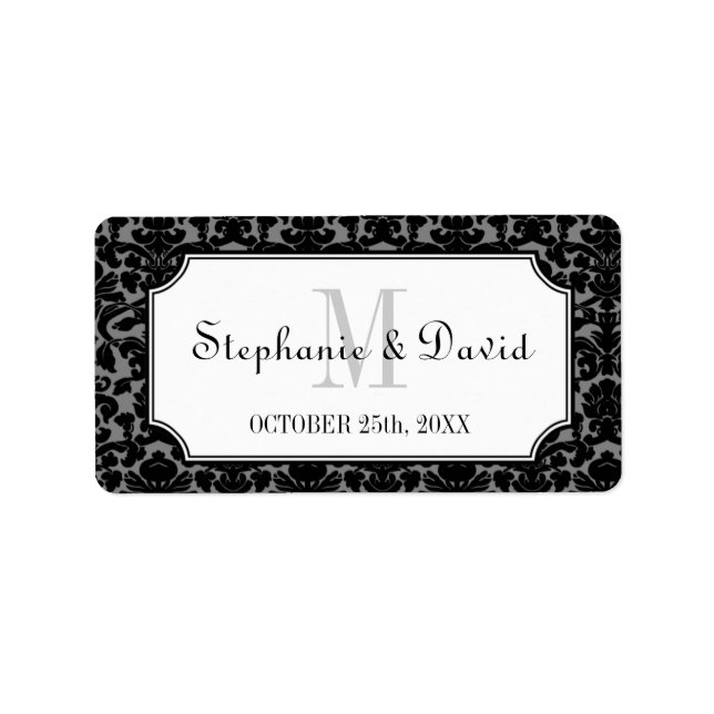Black grey monogram damask frame wedding favour ta label (Front)