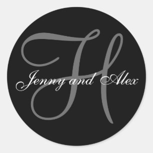 Black Grey Monogram H Bride Groom Names Wedding Classic Round Sticker