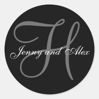 Black Grey Monogram H Bride Groom Names Wedding Classic Round Sticker