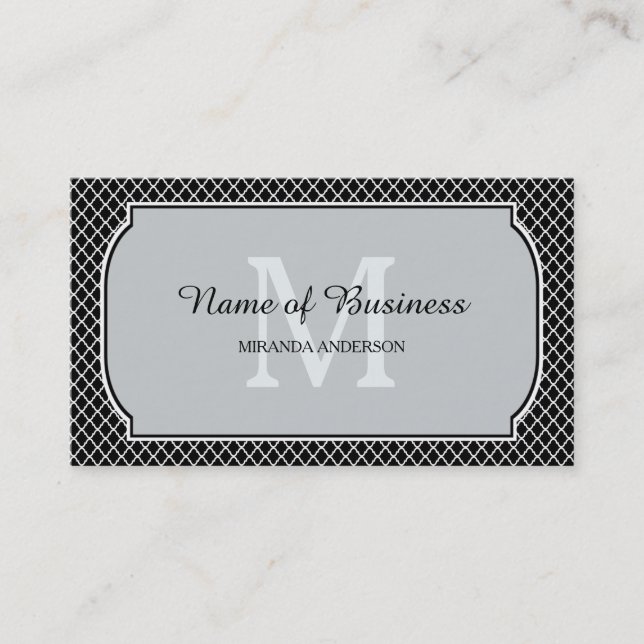 Black Grey Monogram Lattice Border Business Card (Front)