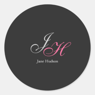Black Grey Monogram Name Initial Letters Script Classic Round Sticker