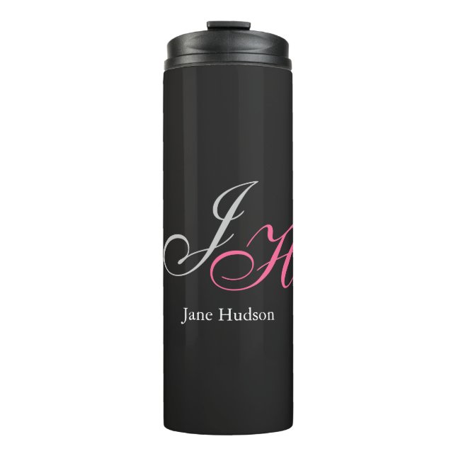 Black Grey Monogram Name Initial Letters Script Thermal Tumbler (Front)