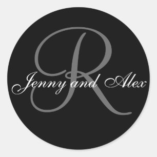 Black Grey Monogram R Bride Groom Names Wedding Classic Round Sticker