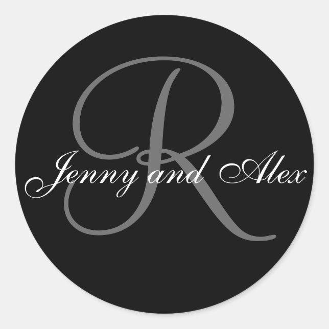 Black Grey Monogram R Bride Groom Names Wedding Classic Round Sticker (Front)