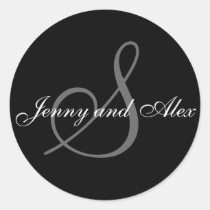 Black Grey Monogram S Bride Groom Names Wedding Classic Round Sticker