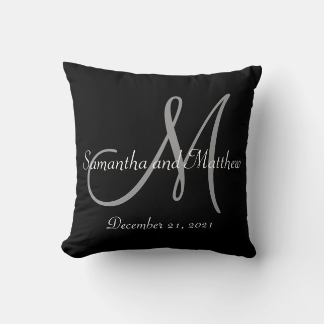 Black Grey Monogram Wedding Cushion (Front)
