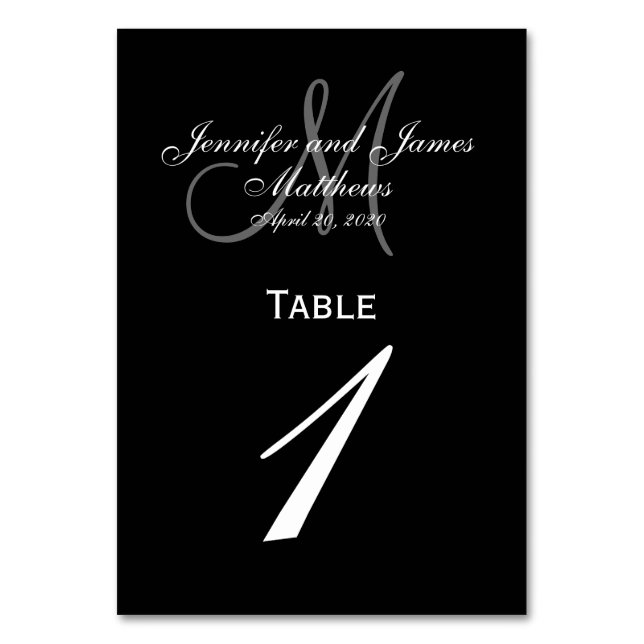 Black Grey Monogram Wedding Table Number Card (Front)