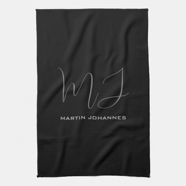 Black Grey Monogrammed Name Modern Minimalist Chic Tea Towel (Vertical)