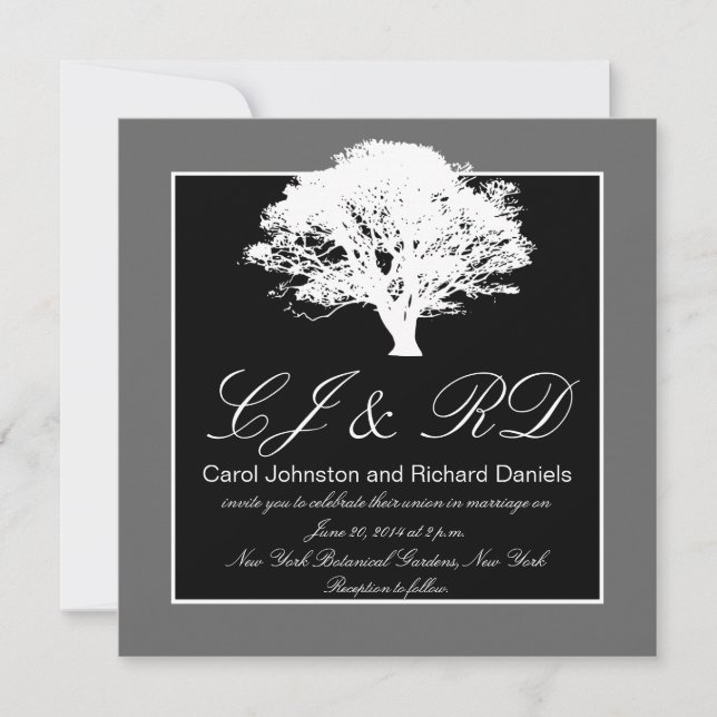 Black Grey Monograms Wedding Invitations Tree (Front)
