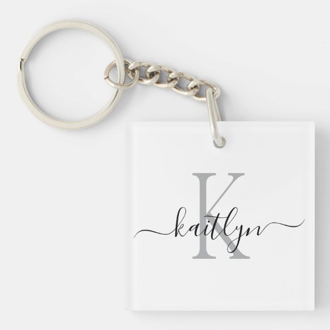 Black Grey Name Initial Monogram Key Ring (Front)