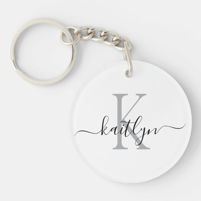 Black Grey Name Initial Monogram Key Ring (Front)
