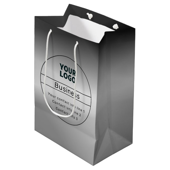 Black Grey Ombre & Business/Brand Contact info Medium Gift Bag (Front Angled)
