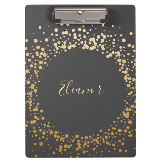 Black Grey Ombre Gold Confetti Dots Personalised   Clipboard (Front)