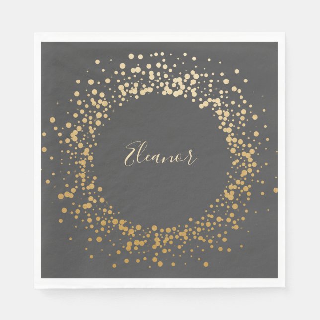 Black Grey Ombre Gold Confetti Dots Personalised Napkin (Front)