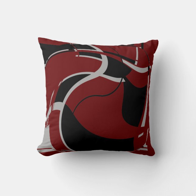 Black Grey on Burgundy Swirling MCM Look Art Motif Cushion (Front)