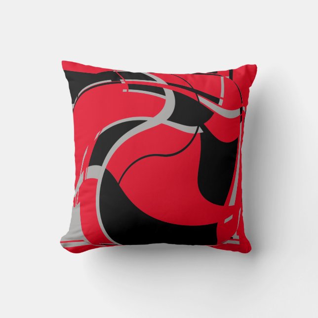 Black Grey on Red Swirling Art Design MCM Look Cushion (Front)
