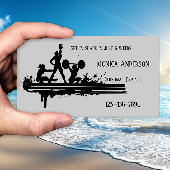 Black Grey Personal Fitness Trainer Business Card (Business card featuring a silhouette of weight training on simple grey - fitness - coach - sports)
