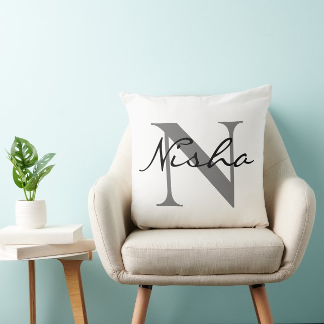 Black Grey Personalised Family Name Monogram Cushion (Chair)