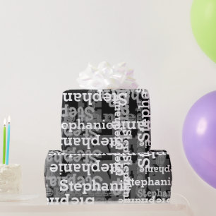 Black/Grey Personalised Name Collage Birthday Wrapping Paper