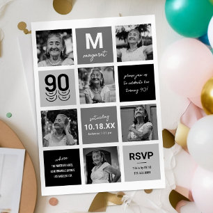 Black Grey Photo 90th Birthday Invitation