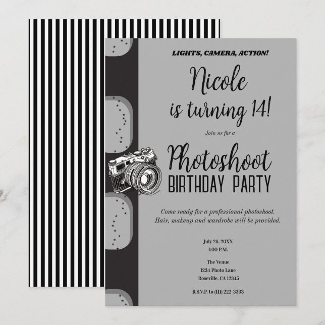 Black Grey Photoshoot Photography Birthday Party Invitation (Front/Back)