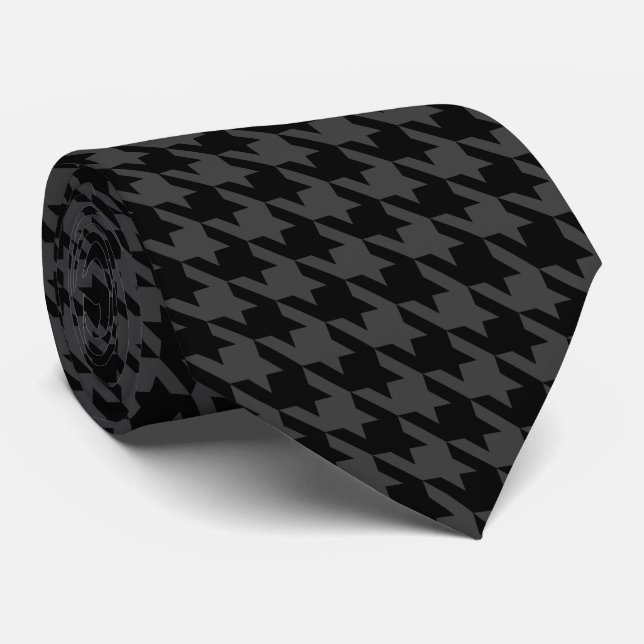 Black Grey Pied de Poule Houndstooth Tie (Rolled)