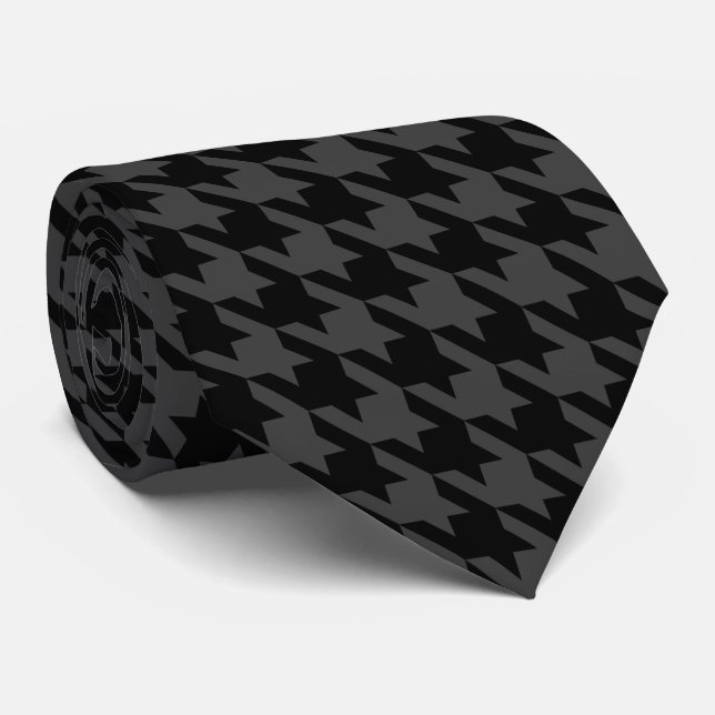 Black Grey Pied de Poule Large Houndstooth Tie (Rolled)