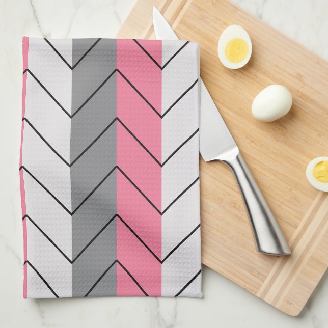 Black Grey Pink Chevron Stripes Pattern  Tea Towel (Quarter Fold)