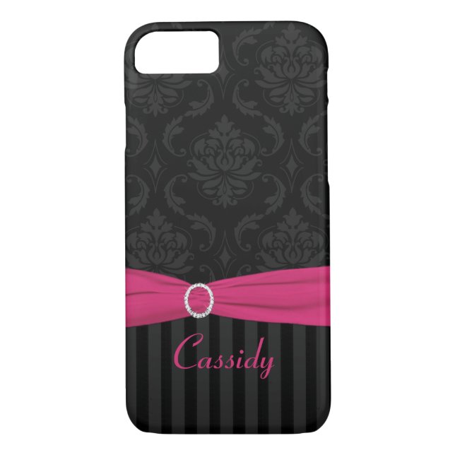 Black Grey Pink Damask Striped iPhone 7 Case (Back)
