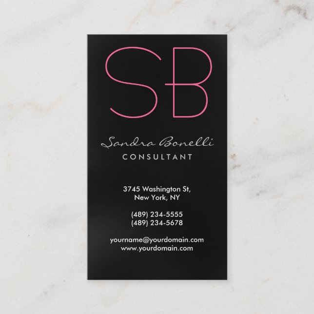 Black Grey Pink Monogram Business Card (Front)