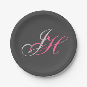 Black Grey Pink Monogram Simple Plain Paper Plate