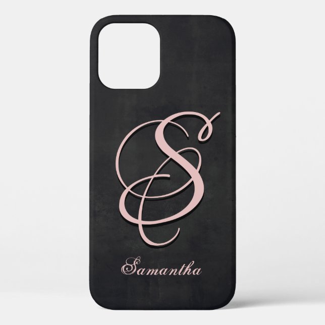 Black Grey Pink stylish rustic Name Monogram Case-Mate iPhone Case (Back)