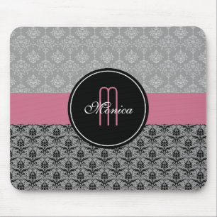Black Grey Pink Vintage Floral Damasks Monogrammed Mouse Mat