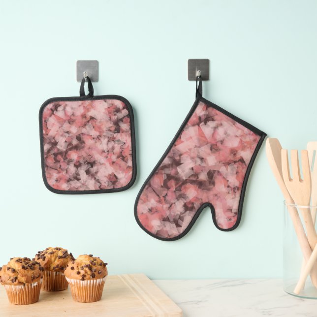 Black Grey Pink White Modern Geometric Abstract  Oven Mitt & Pot Holder Set (Insitu(Hanging))
