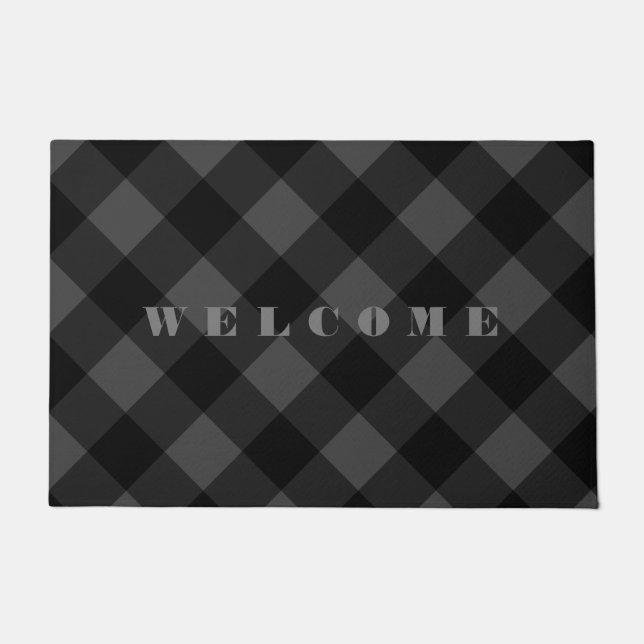 Black Grey Plaid Check Doormat Welcome (Front)