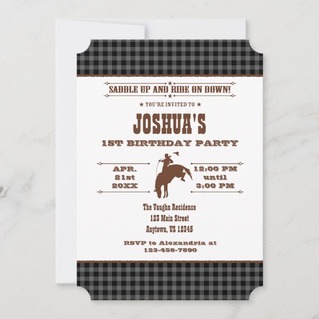 Black Grey Plaid Cowboy Rodeo Birthday Invitation (Front)