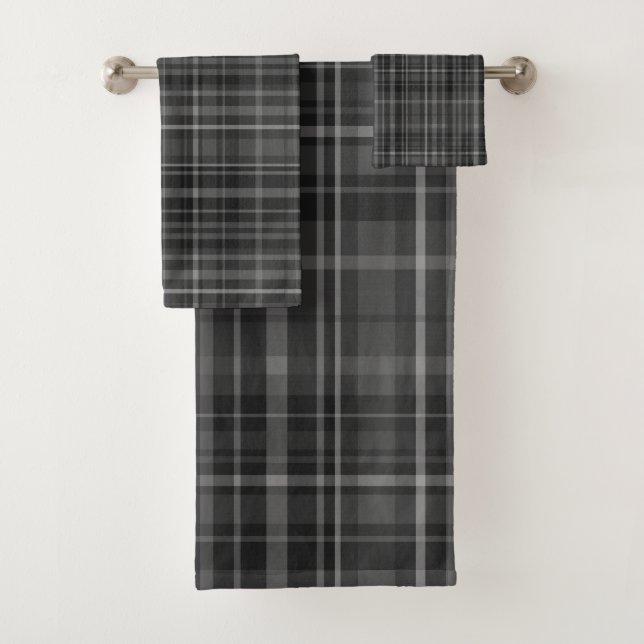 Black Grey Plaid Pattern Minimal Chic Design Bath Towel Set (Insitu)