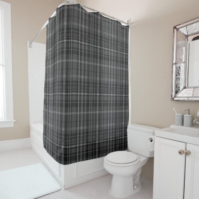 Black Grey Plaid Pattern Minimal Chic Design Shower Curtain (In Situ)