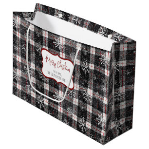 Black Grey Plaid Snowflakes Personalised Large Gift Bag