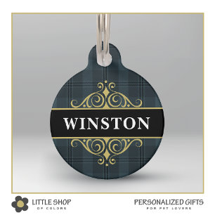 Black Grey Plaid Tartan Customised Pet Tag