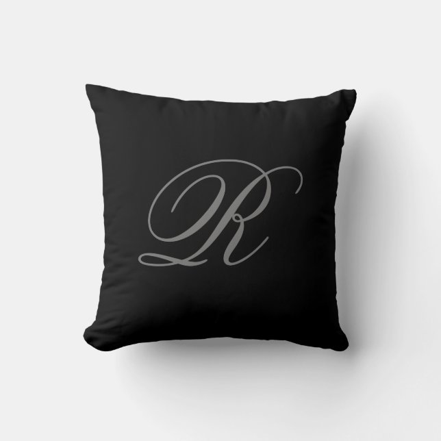 Black Grey Plain Minimalist Add Initial Monogram Cushion (Front)