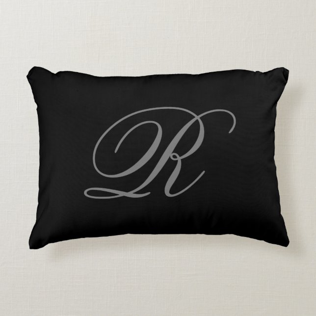 Black Grey Plain Minimalist Add Initial Monogram Decorative Cushion (Front)