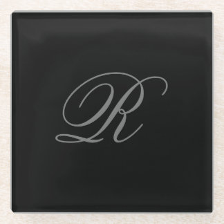 Black Grey Plain Minimalist Add Initial Monogram Glass Coaster